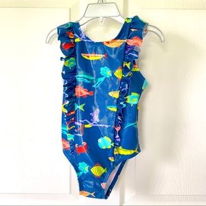 Disney Baby Ruffle One Piece Swim Suit featuring Luca and blue fish scale design